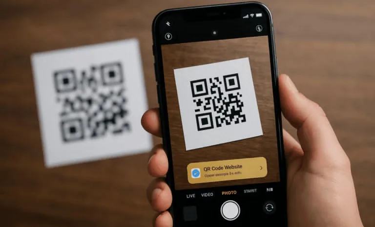 A phone scanning a QR code on the table
