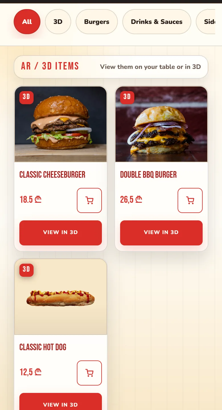 Fast casual burger menu design with dish photos and 3D