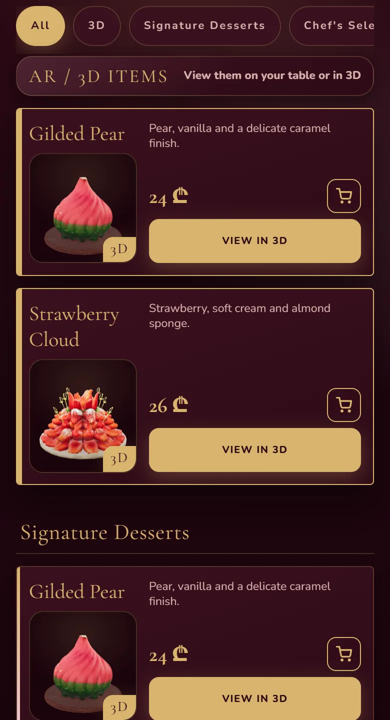 Fine dining menu design, dark and gold, with dishes in 3D